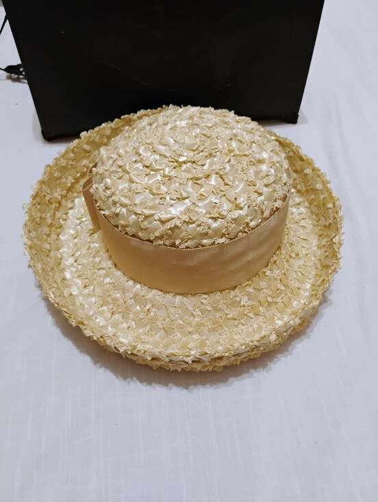 Vintage 1960s Palais Royal Pale Yellow Woven Raffia Breton Hat with Grosgrain Bo main image 7